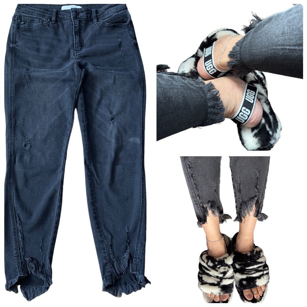 KanCan Black Denim Frayed Asymmetrical Hem Jeans in Charcoal Size 27
